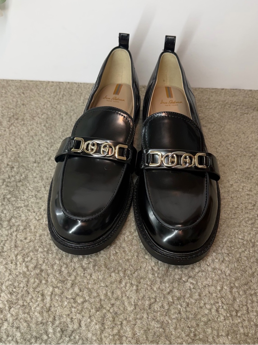 Sam Edelman Christy Black Box Leather Loafers Metallic Hardware Size 12